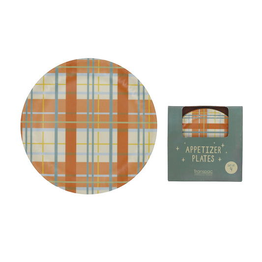 Melamine appetizer plates in a orange plaid pattern