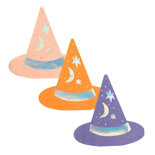 Paper beverage napkins in three different colors resembling witches' hats with star and moon designs 