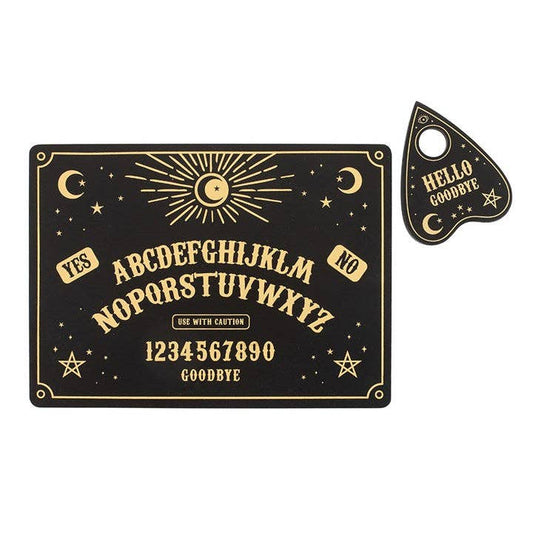 Placemat made to resemble a Ouija board  with gold text and symbols on a black background, accompanied by a small coaster  with 'Hello Goodbye' text.