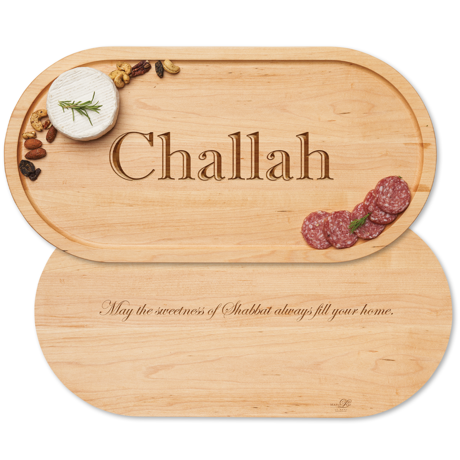 Wooden cutting board with text that reads  'Challah' 
