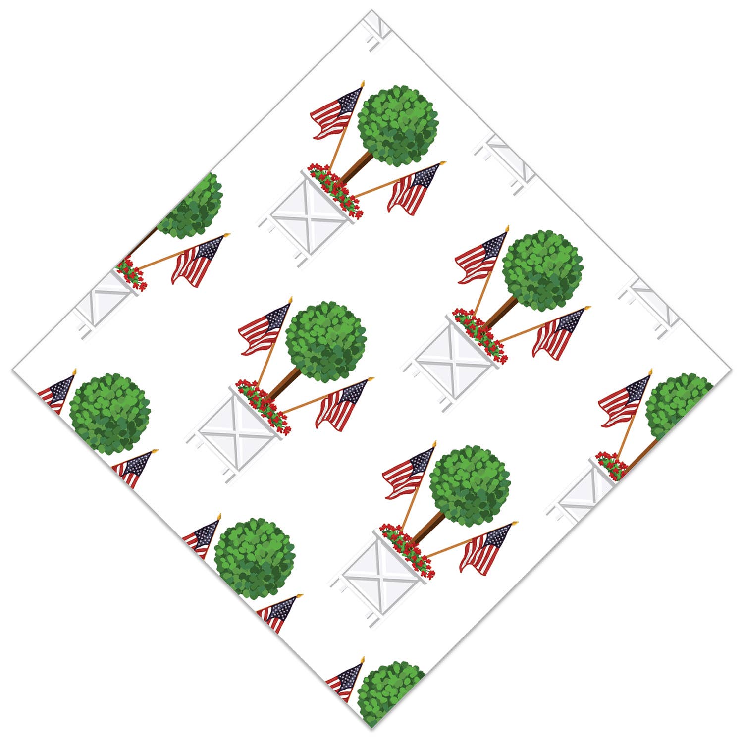 Paper beverage napkins with a pattern of topiary trees with American flags and white planters on a white background