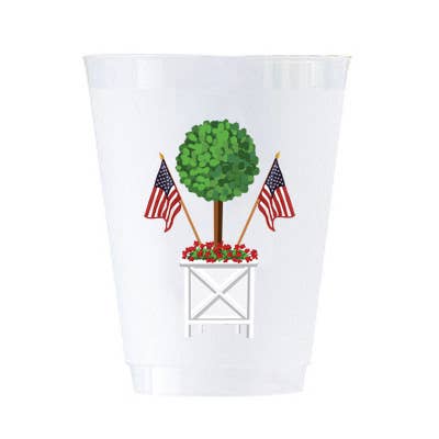 Frosted plastic cup with a design of a topiary tree, American flags, and a white planter  
