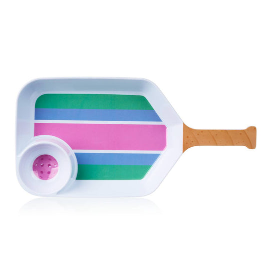 Colorful pickleball paddle chip and dip tray with striped design.