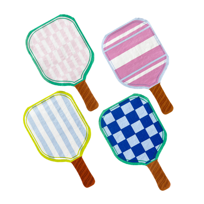 Four colorful pickleball paddle die-cut paper napkins checkered and striped patterns in various colors