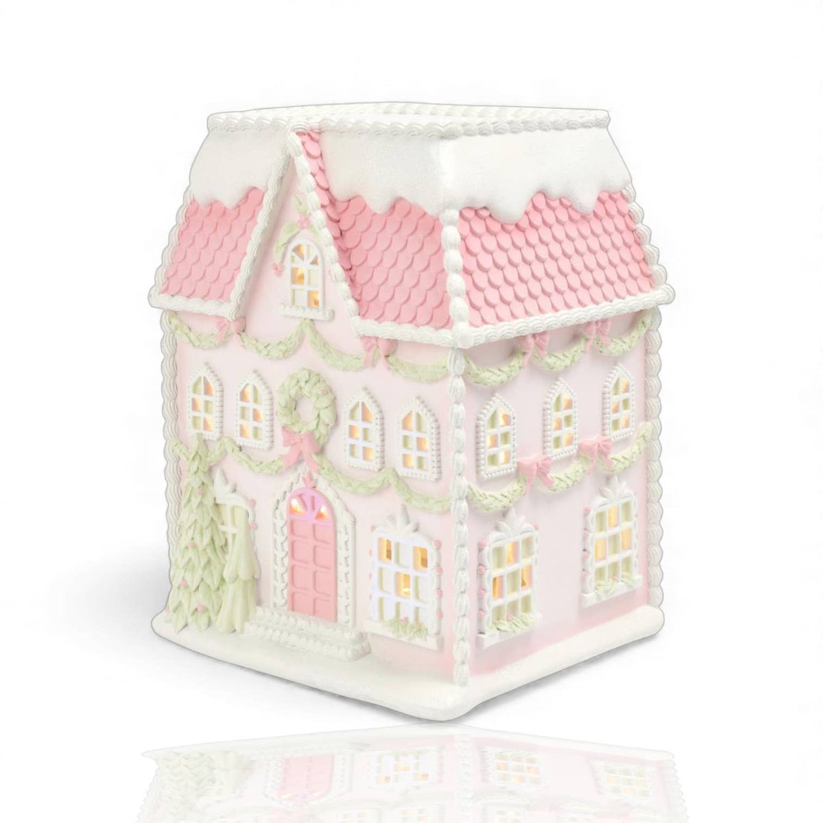Tabletop pink and mint green 12" gingerbread house with LED lighting. 