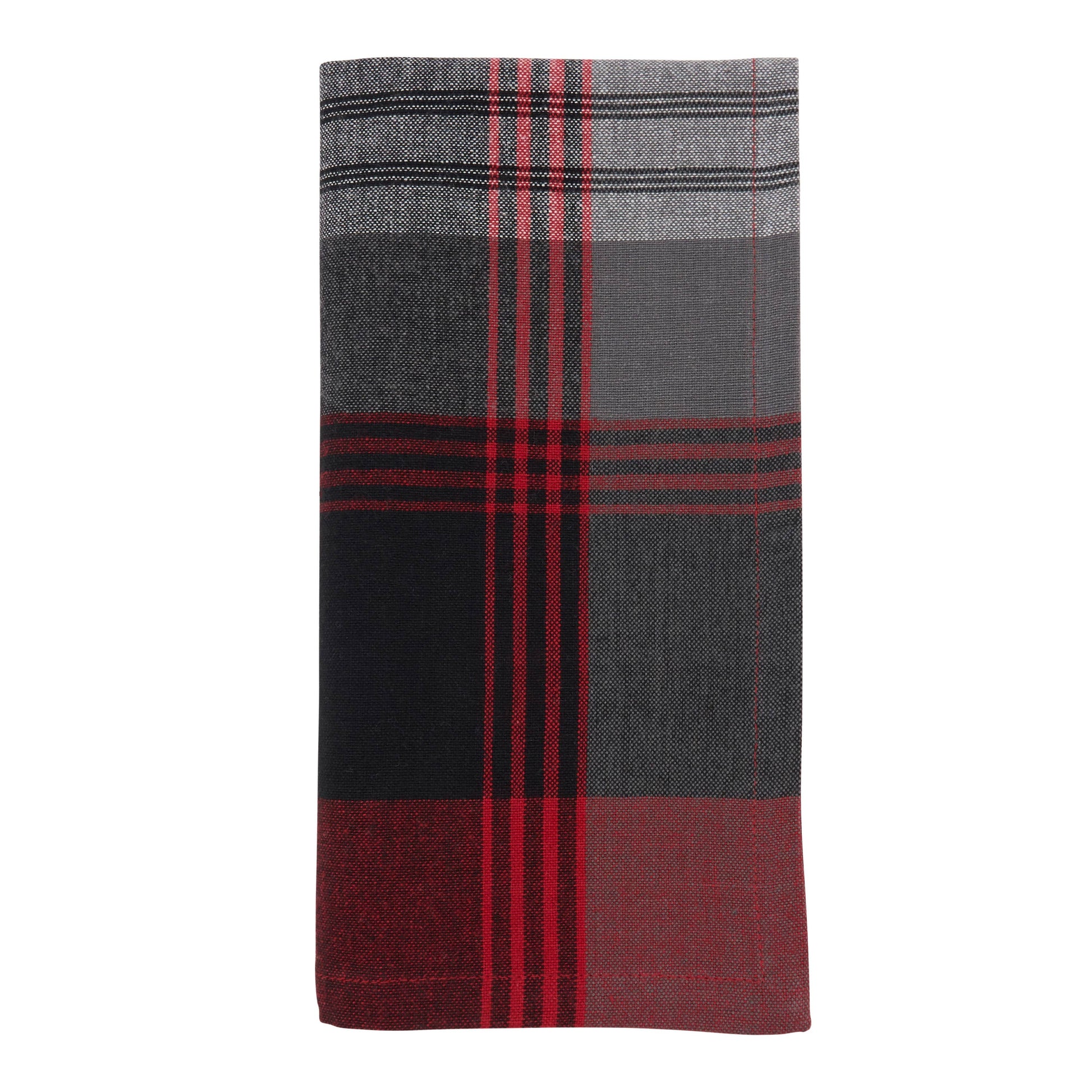 Plaid cloth napkins in colors of gray, red, and black  