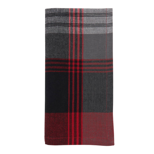 Plaid cloth napkins in colors of gray, red, and black  