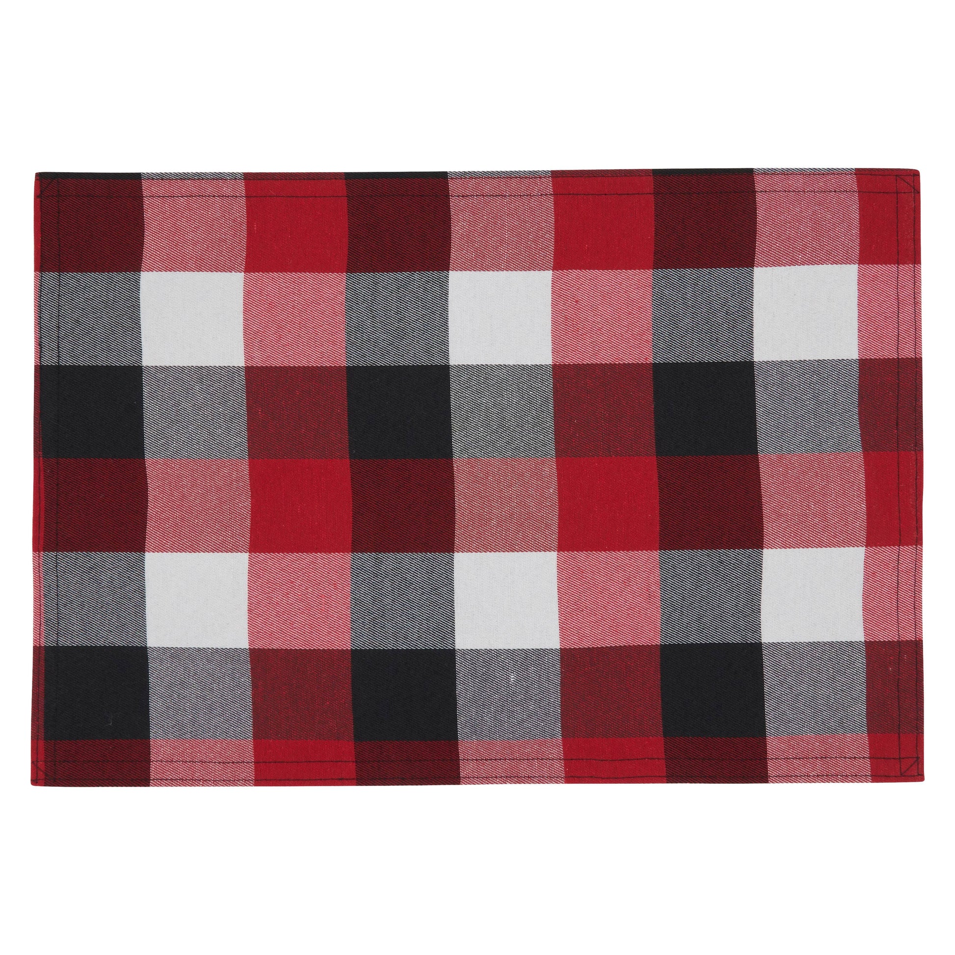 Fabric placemats with red, gray, and black plaid pattern 