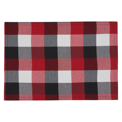 Fabric placemats with red, gray, and black plaid pattern 