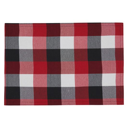 Fabric placemats with red, gray, and black plaid pattern 