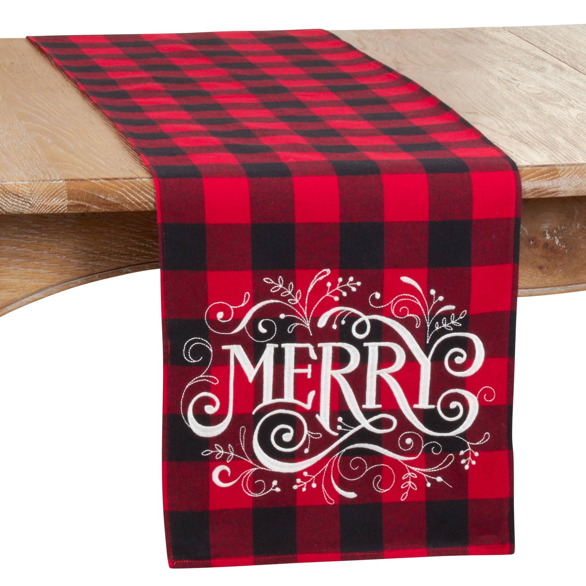 Red and black checkered table runner with 'Merry'  