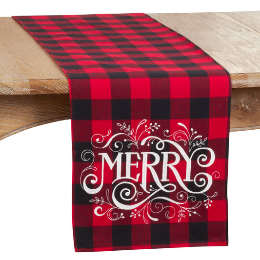Red and black checkered table runner with 'Merry'  