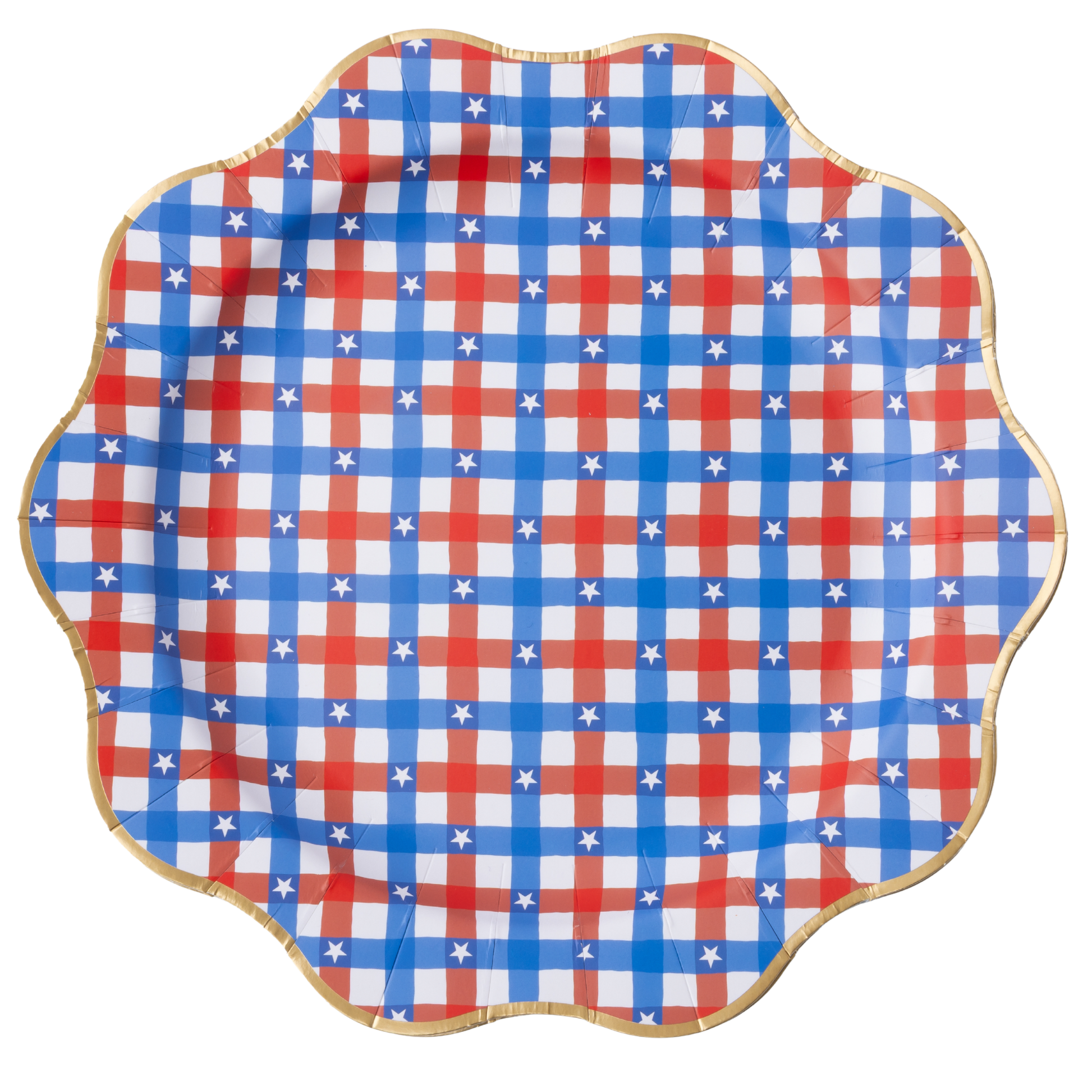 Scalloped edge paper plate with red, white, and blue checkered pattern