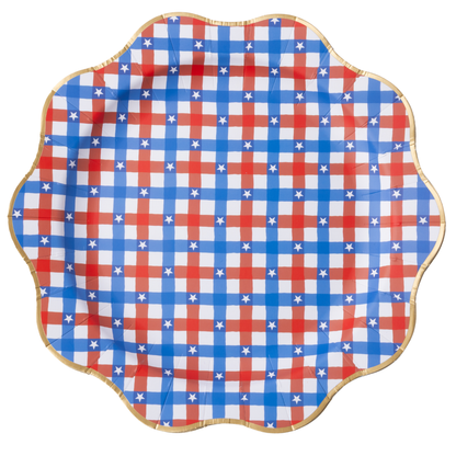 Scalloped edge paper plate with red, white, and blue checkered pattern