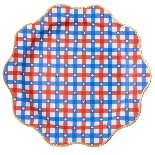 Scalloped edge paper plate with red, white, and blue checkered pattern