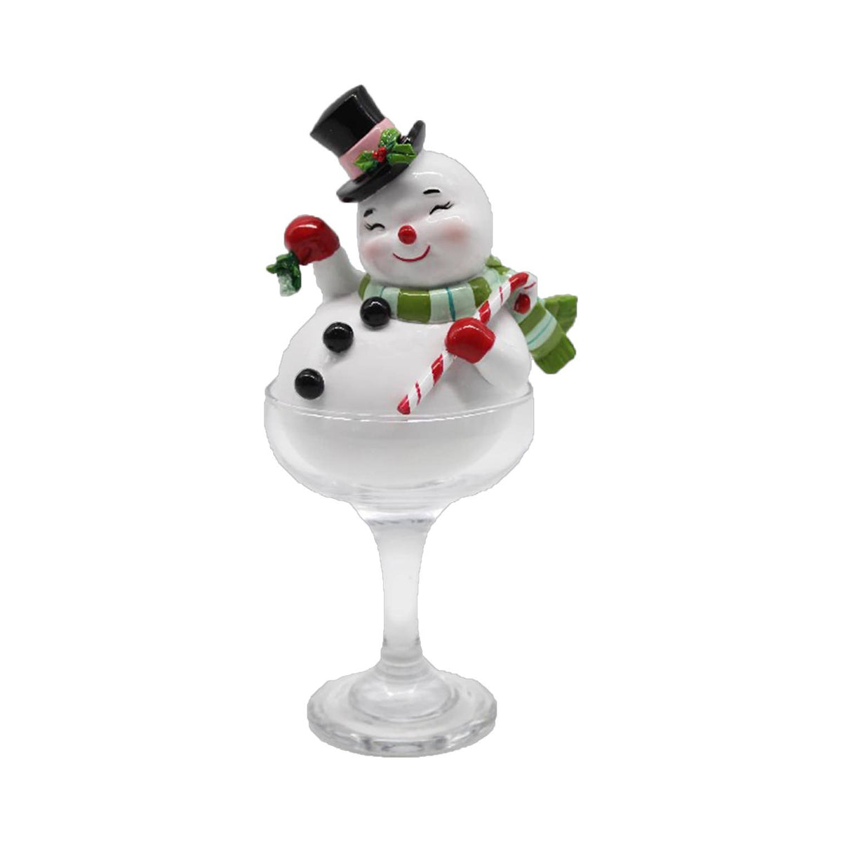 Retro inspired snowman nside a martini glass figurine. 