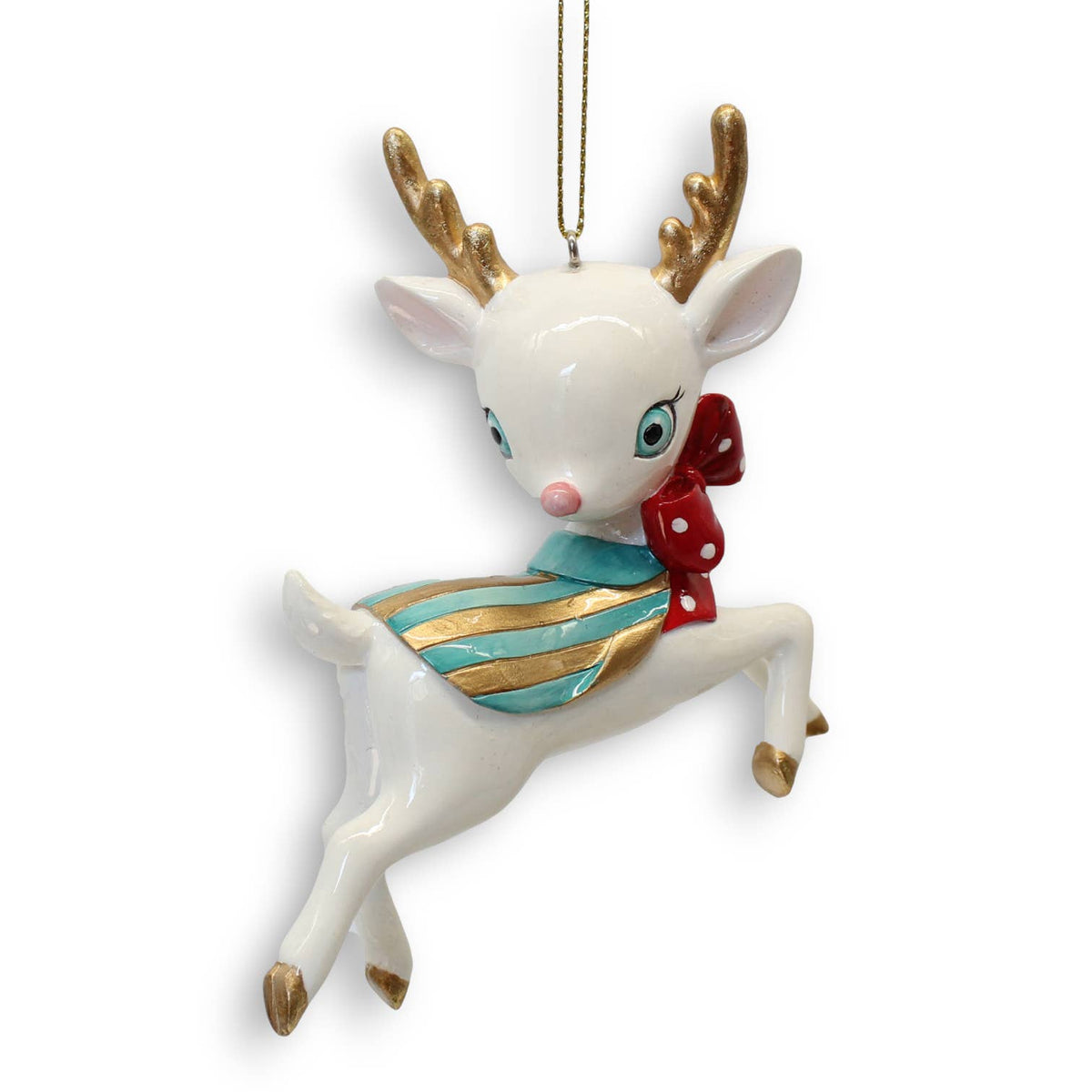 Decorative retro reindeer ornament with a blue sweater and red bow. 