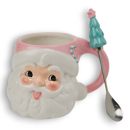 Santa Claus mug with a spoon featuring a Christmas tree design.