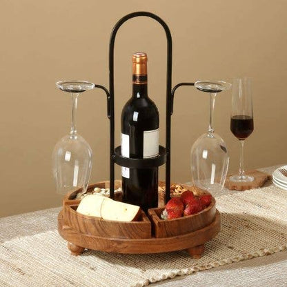 Wooden and metal caddy to hold a wine bottle, glasses and snacks 