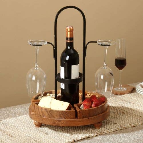 Wooden and metal caddy to hold a wine bottle, glasses and snacks 