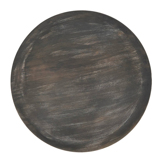 Rustic round wooden tray with a dark brown finish  