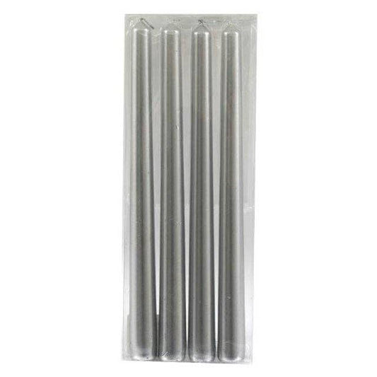 Set of 4 metallic silver taper candles.