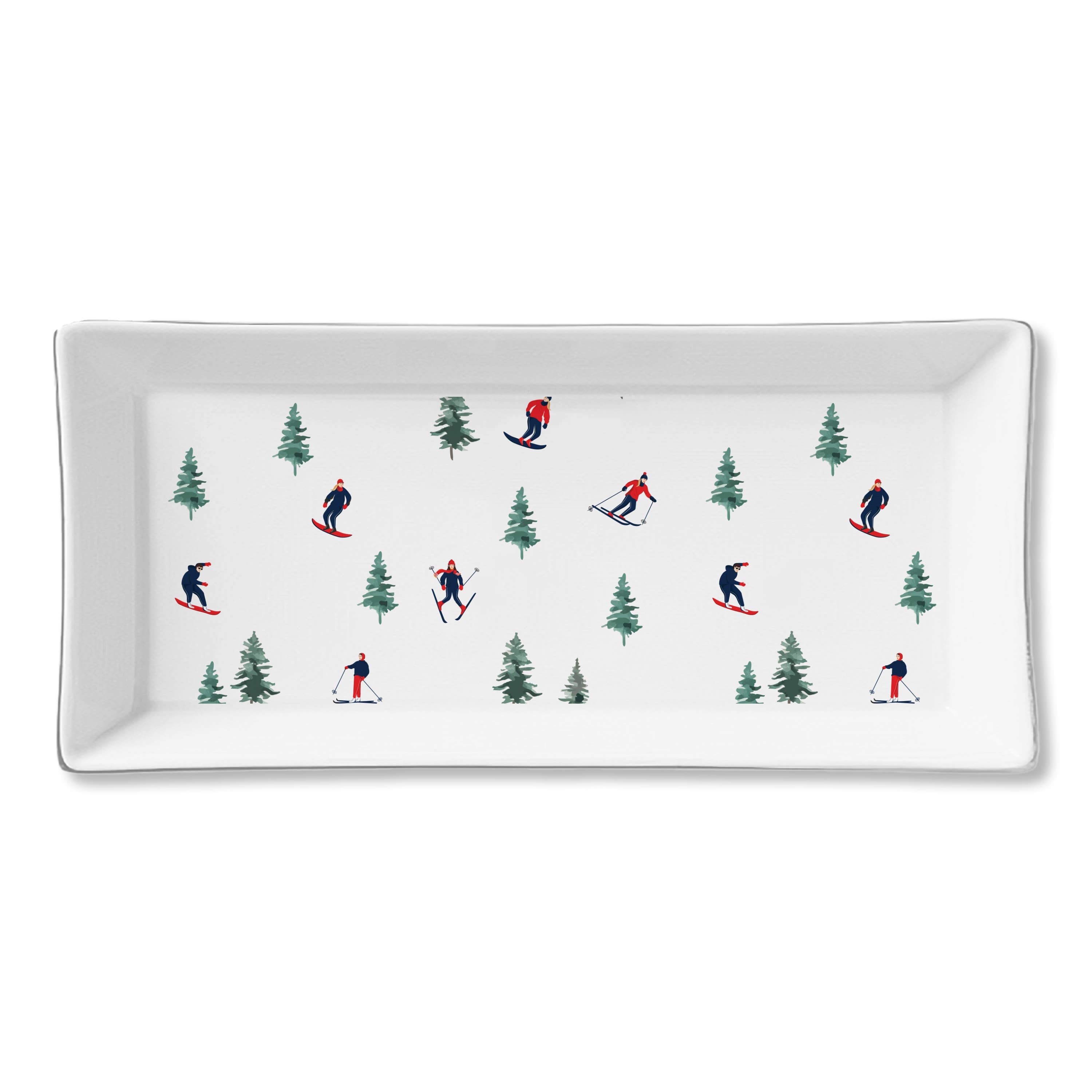 Rectangular white serving tray with skiers and trees design on a white background.