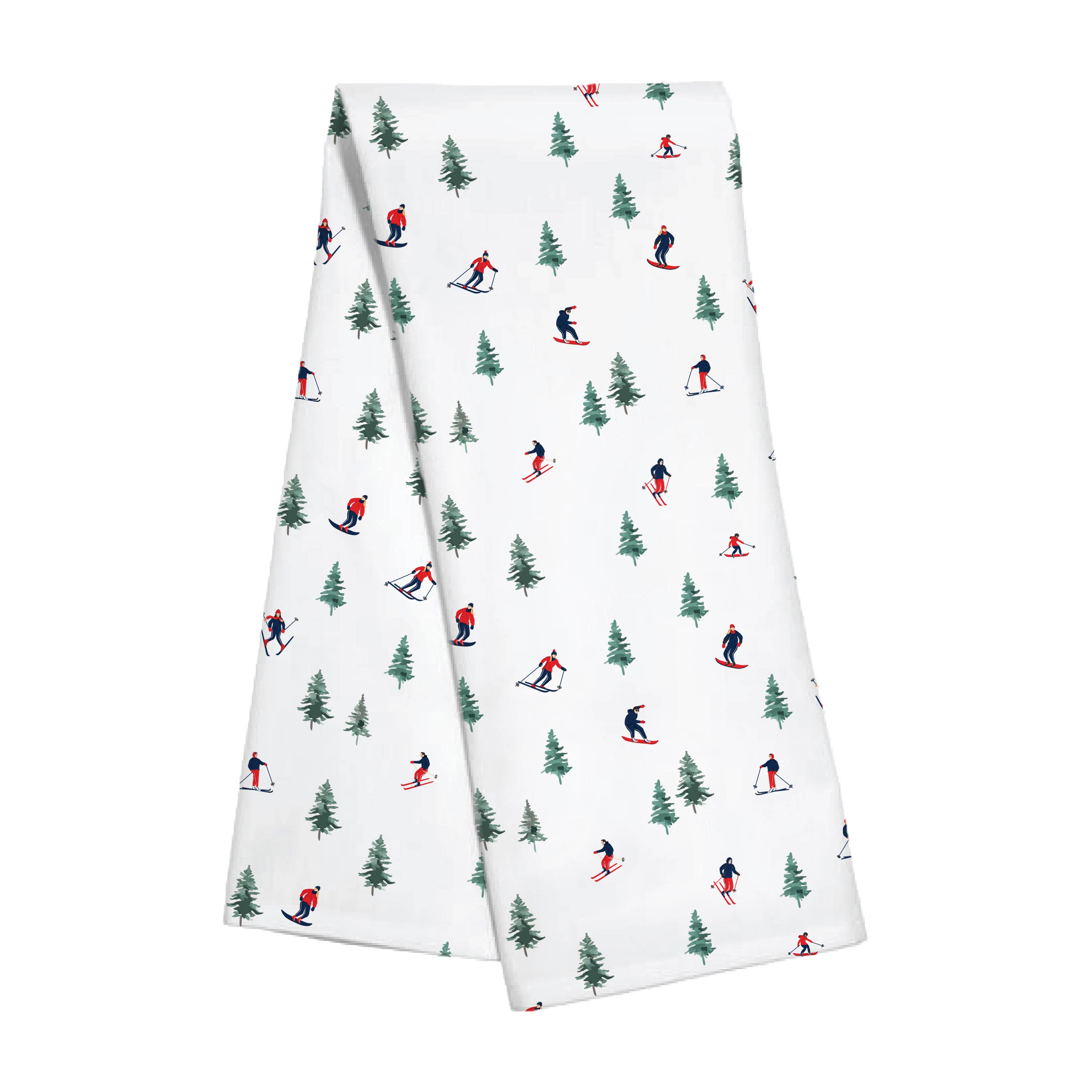 White kitchen towel with skiing pattern on a white background