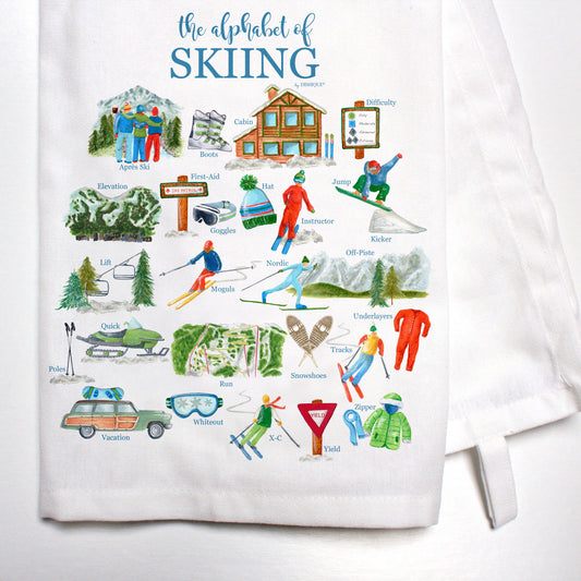 Kitchen towel printed with ski themed icons from  A to Z 