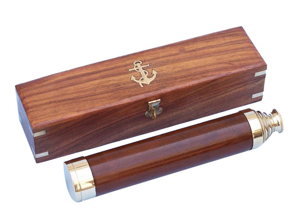 Wooden spyglass telescope with brass accents and anchor emblem  
