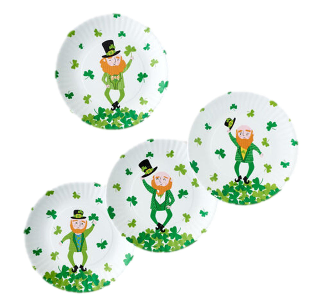 Set of four paper plates with St. Patrick's Day designs featuring leprechauns and shamrocks on a white background.