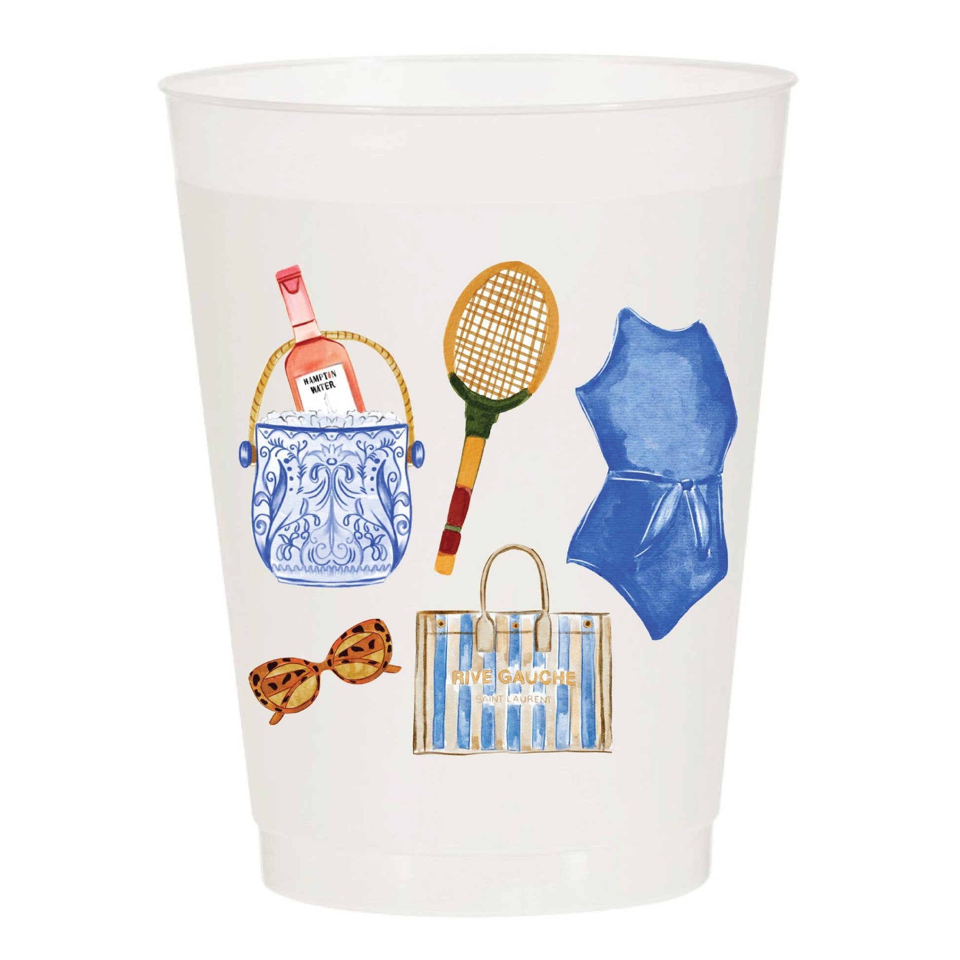 Frosted plastic cups  with colorful summer-themed illustrations 