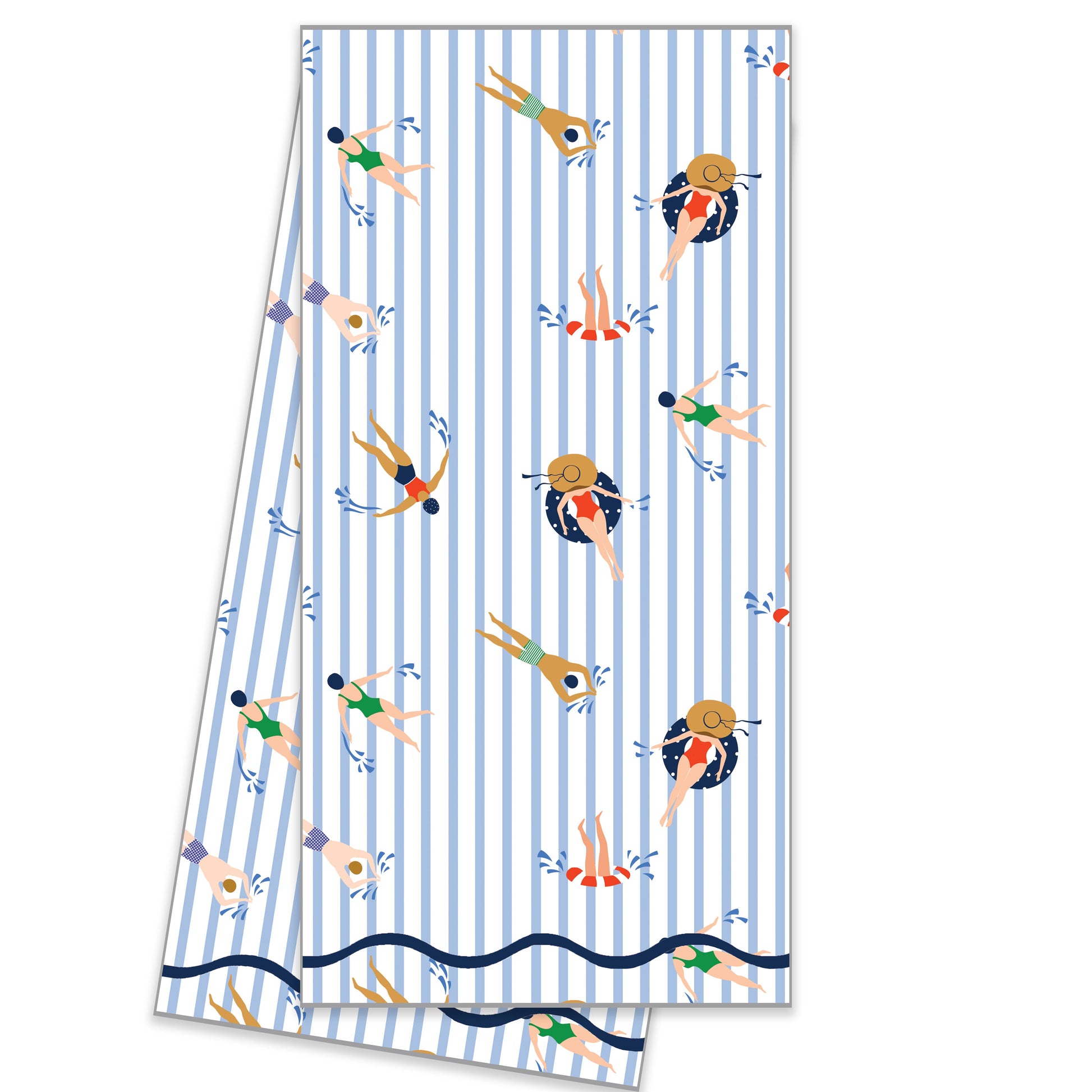 Kitchen Towel with a striped pattern and swimmer design on a white background