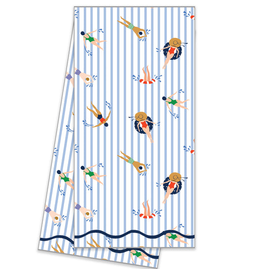 Kitchen Towel with a striped pattern and swimmer design on a white background