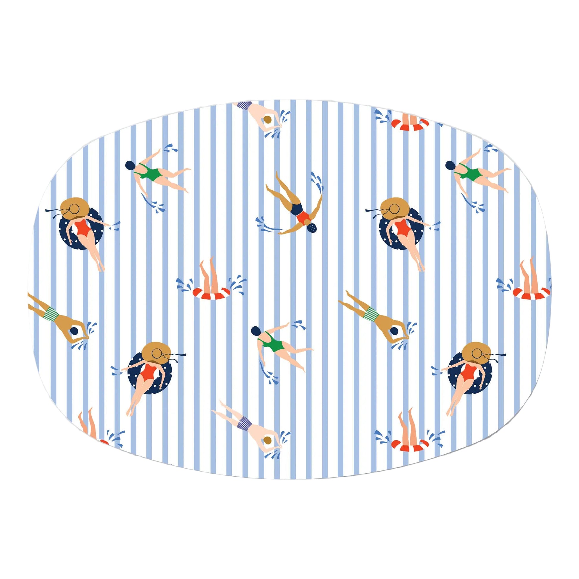 Oval-shaped platter with a blue and white striped pattern featuring people in swimsuits.