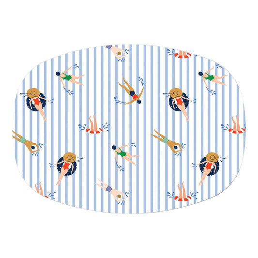 Oval-shaped platter with a blue and white striped pattern featuring people in swimsuits.