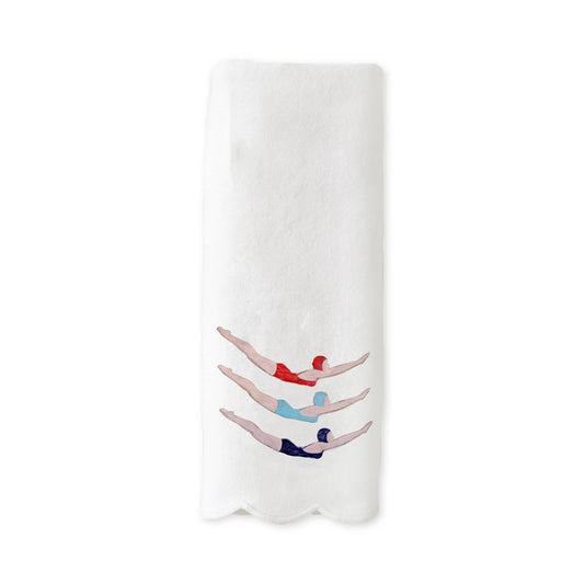 White towel with swimmer design on a white background