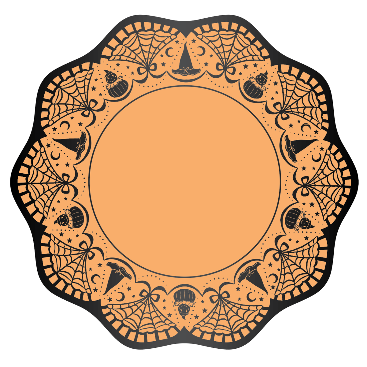 Halloween-themed decorative paper dinner plates with black spider webs, pumpkins, and hats on an orange background.