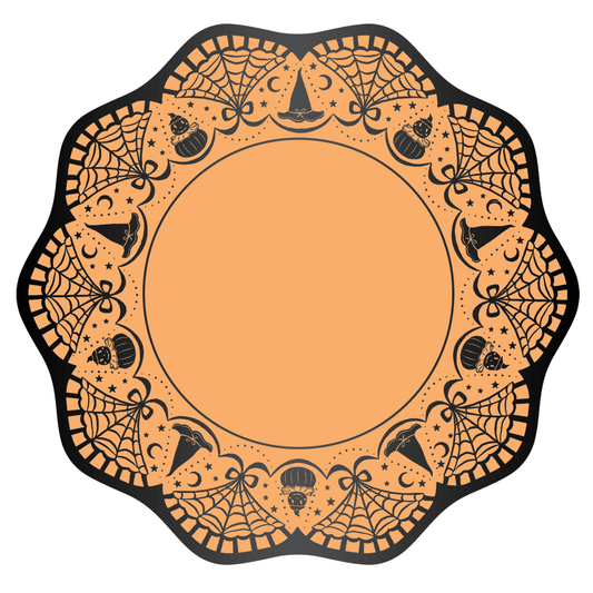Halloween-themed decorative paper dinner plates with black spider webs, pumpkins, and hats on an orange background.