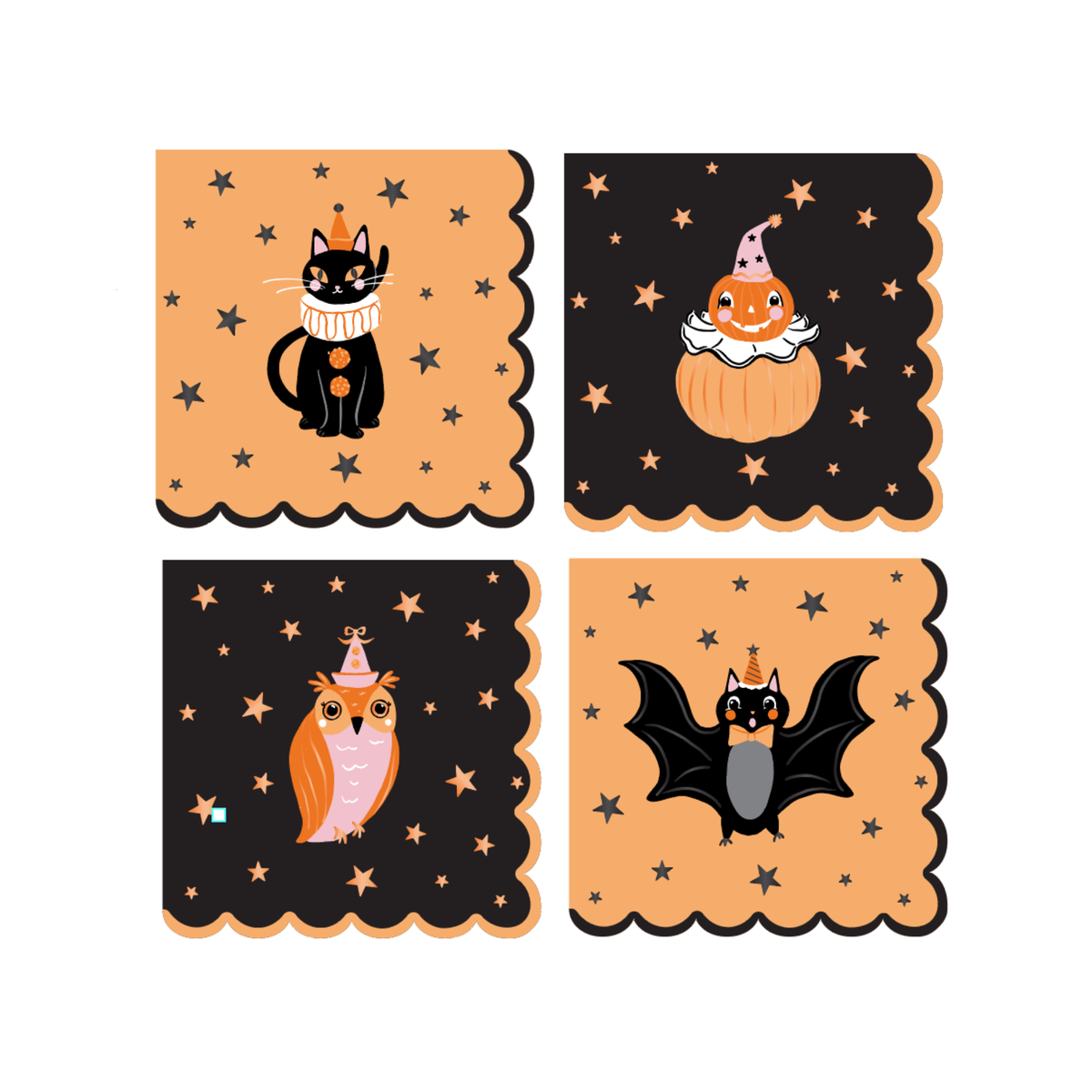 Set of four Halloween-themed paper napkins with a black cat, a pumpkin, a owl, and a batt on orange and black backgrounds.
