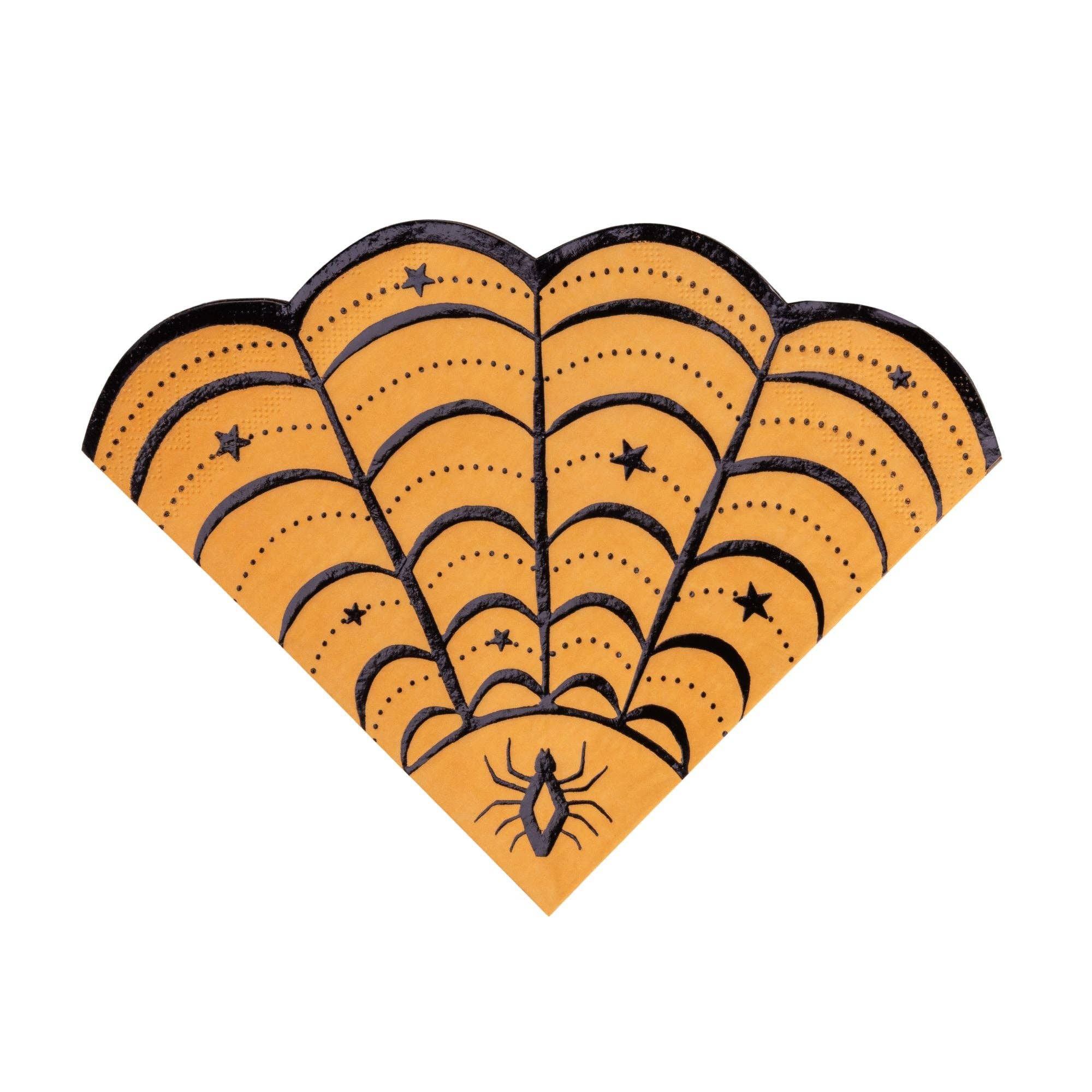 Halloween decorative paper napkins shaped like a scalloped fan, featuring a black spider at the bottom and black spiderweb line patterns on a warm orange background