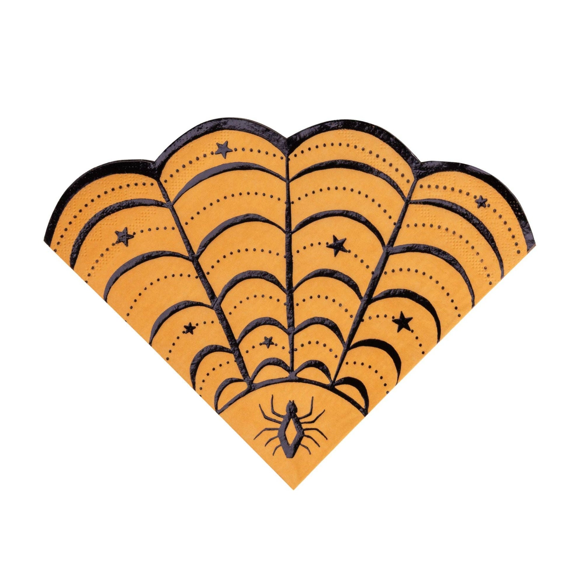 Halloween decorative paper napkins shaped like a scalloped fan, featuring a black spider at the bottom and black spiderweb line patterns on a warm orange background