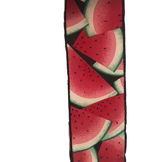 Fabric ribbon featuring a repeating watermelon slice pattern in red, green, white, and black  