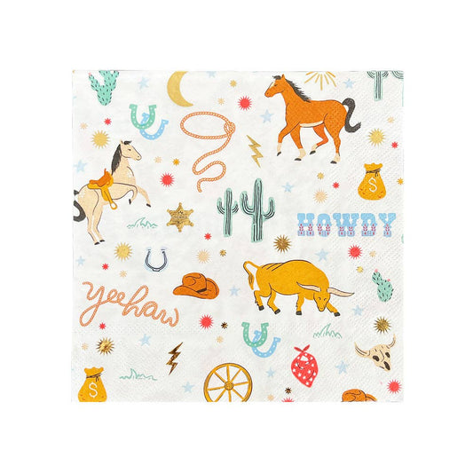 Paper dinner napkins with cowboy-themed designs on a white background