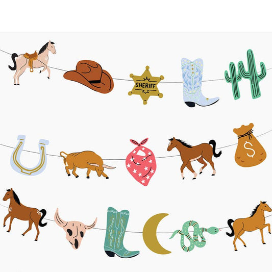 Western-themed decorative banner with horses, boots, and other elements 