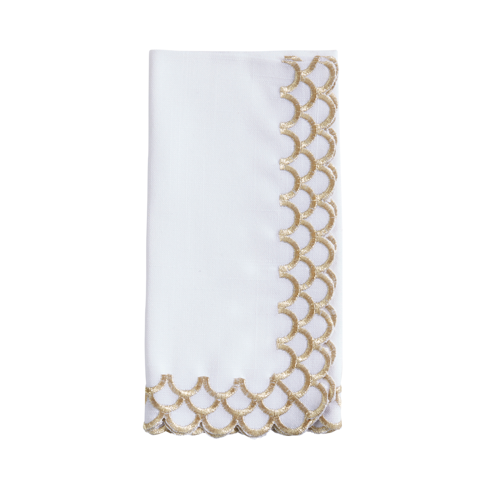 Gold Scalloped Border White 20" Cloth Napkins Set of 4