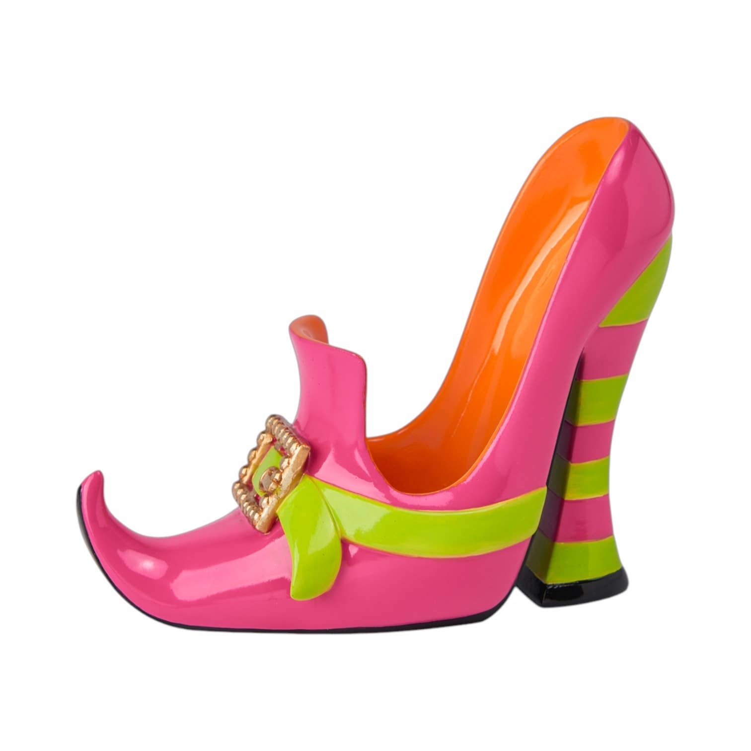Colorful high-heeled witch shoe with a decorative strap that serves as a wine bottle holder
