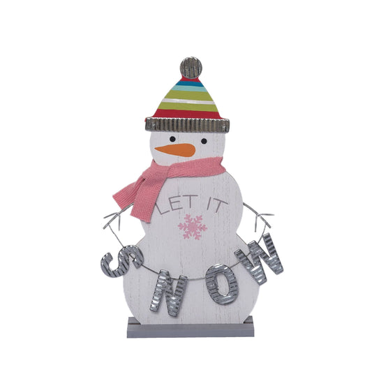 Decorative snowman with a colorful hat and scarf, holding a sign that says 'Let It Snow On'.