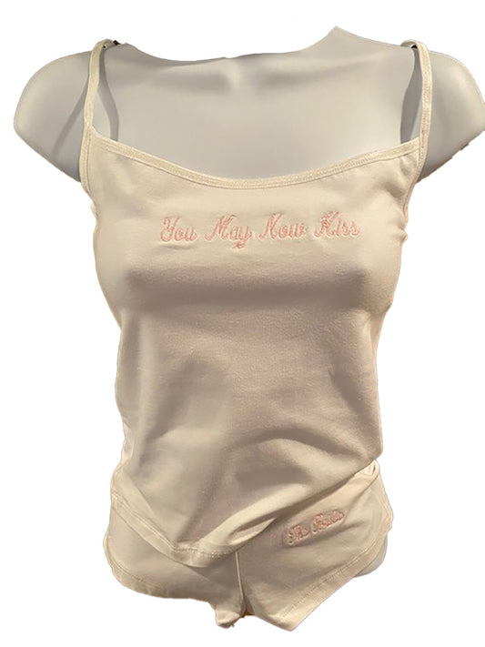 Camisole and boy shorts set with the words You May Now Kiss embroidered on the top and The Bride text on the bottoms
