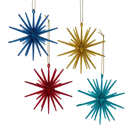 Red Blue Aqua Gold Glittered Starburst Ornaments Set of 4